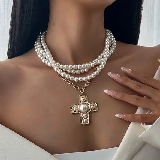 Mult Wrap Pearl Beaded Cross Necklace