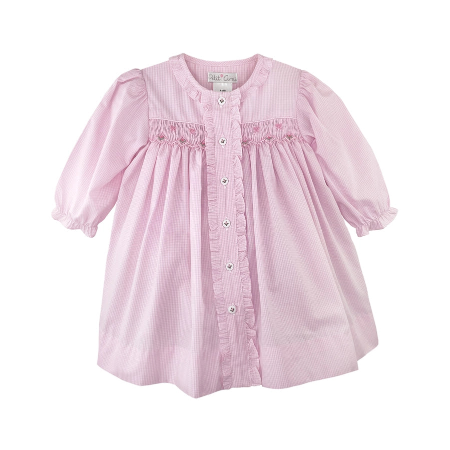 Pink Dress with Button Front and Smocking