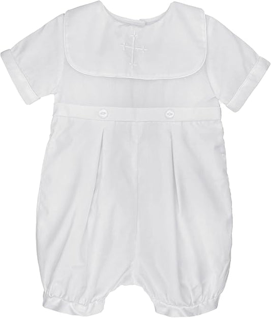 Cross Embroidered Christening Romper W/Hat
