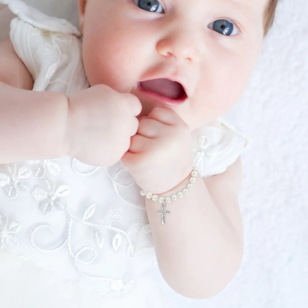 5" White Pearls & Cross Baby/Toddler Bracelet
