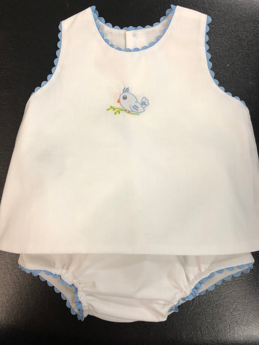 White W/Blue Bird Diaper Set