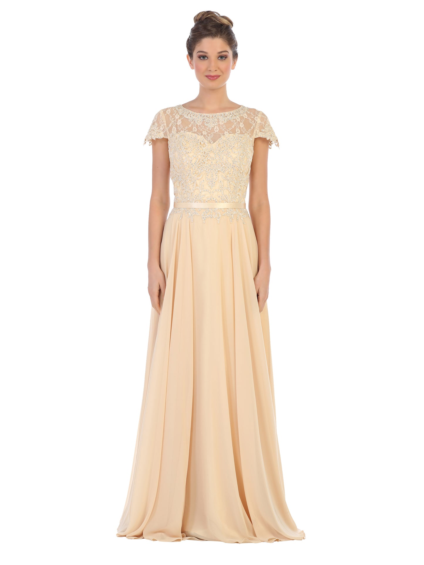 Champagne Belted Chiffon Gown