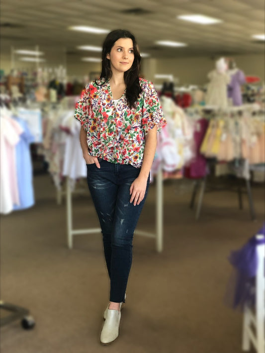 Sheer Floral Top w/ Front Tie