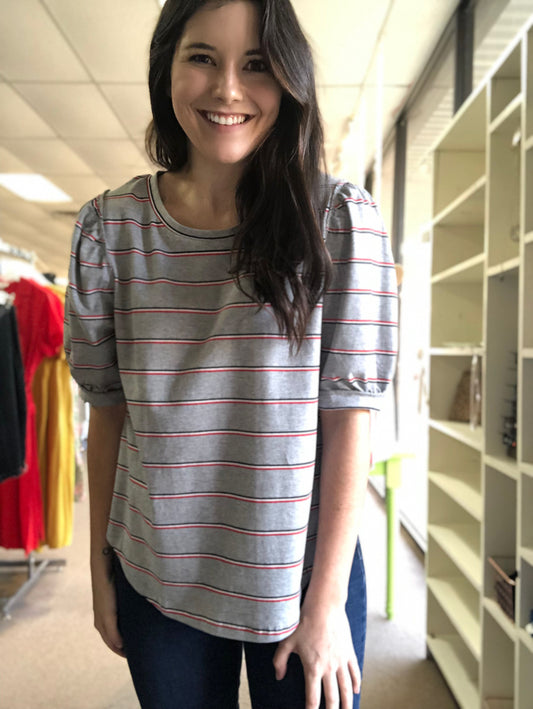 Grey Striped Puff Shoulder Top