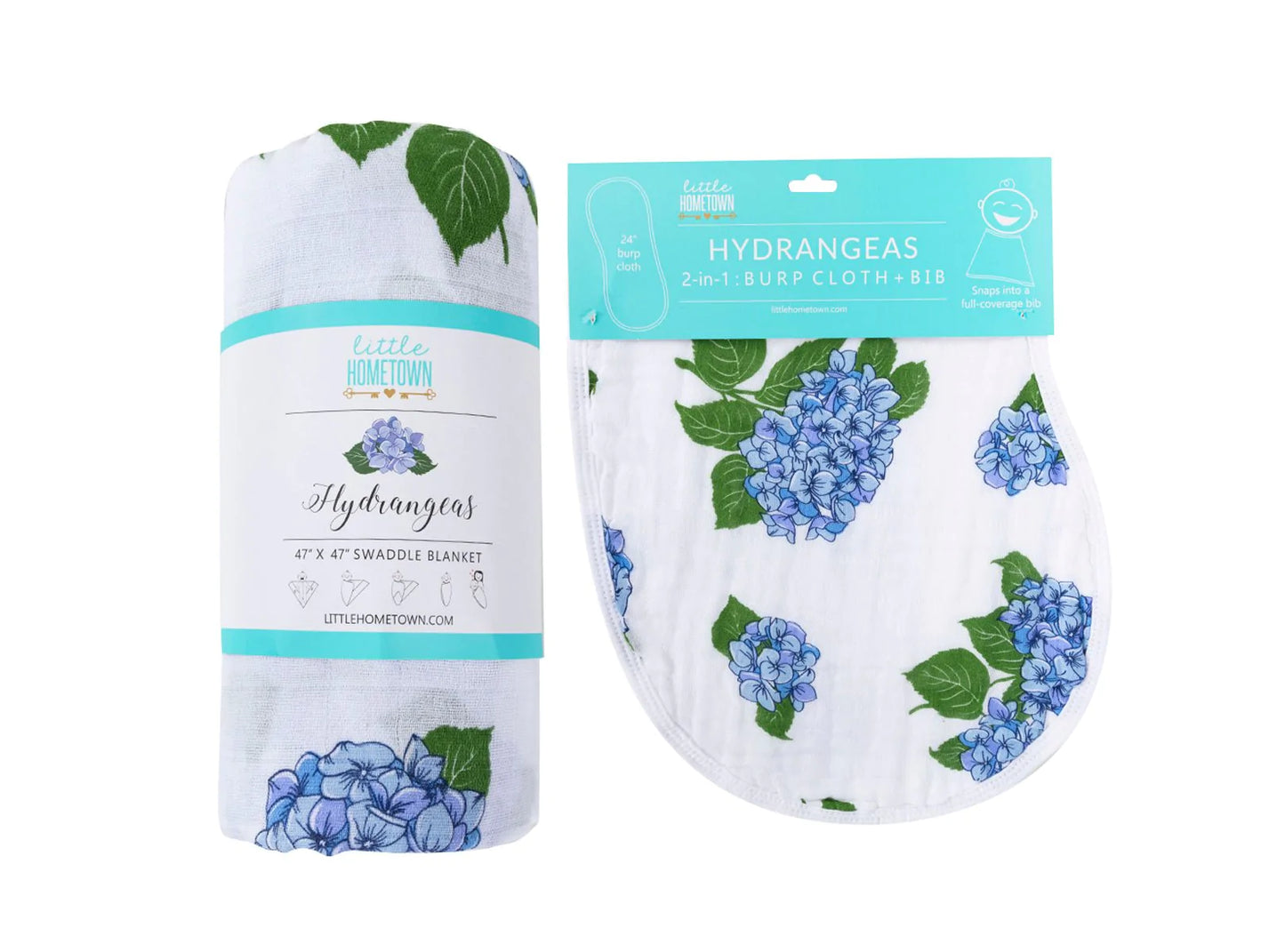 Gift Set:  Hydrangeas Muslin Swaddle Blanket and Bib/Burp Combo