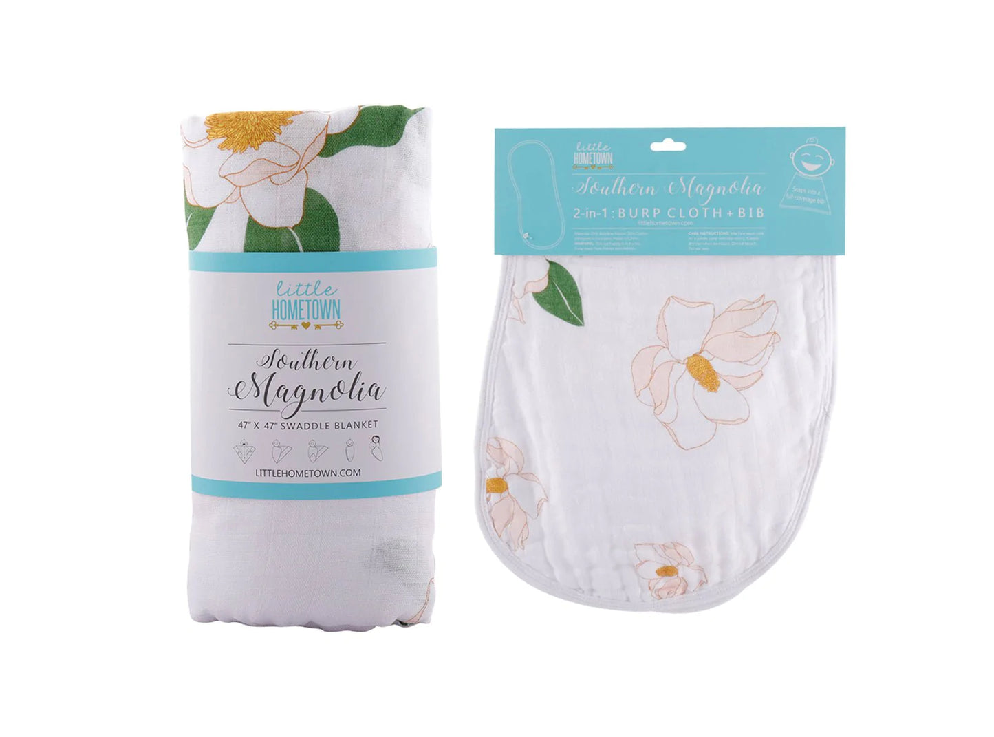 Gift Set: Southern Magnolia Baby Muslin Swaddle Blanket and Burp Cloth/Bib Combo